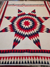 Vintage Quilt 103" X 90" Large Handstiched Red White Blue Star White Back