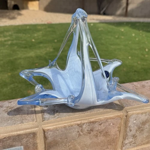Vintage Italian Murano Art Glass Basket Centerpiece – Blue & Clear Stretch Form