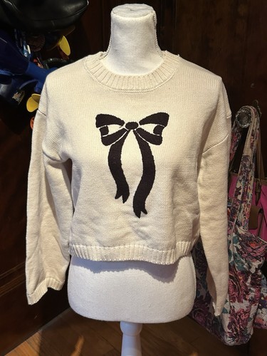 Sincerely Jules Cropped Sweater In Ivory with Black Bow Size S NEVER WORN