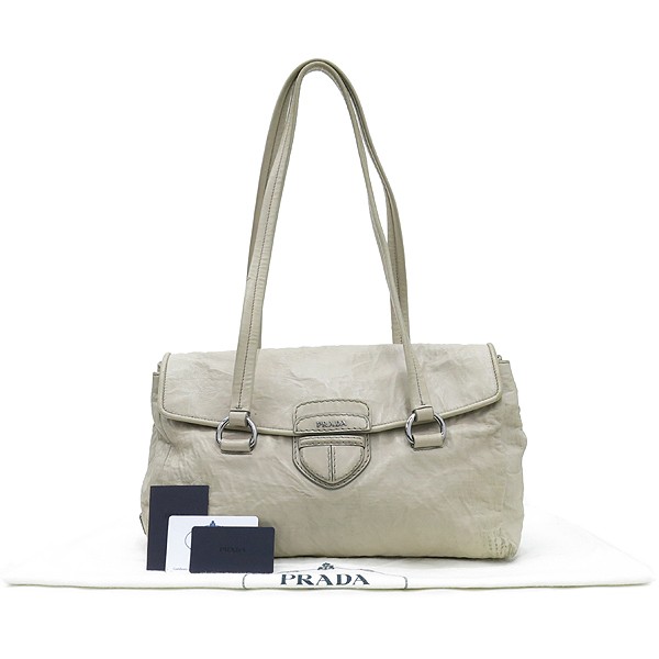 Prada BR4825 ivory lambskin flap bag with silver logo and antique pomice wrinkle detail