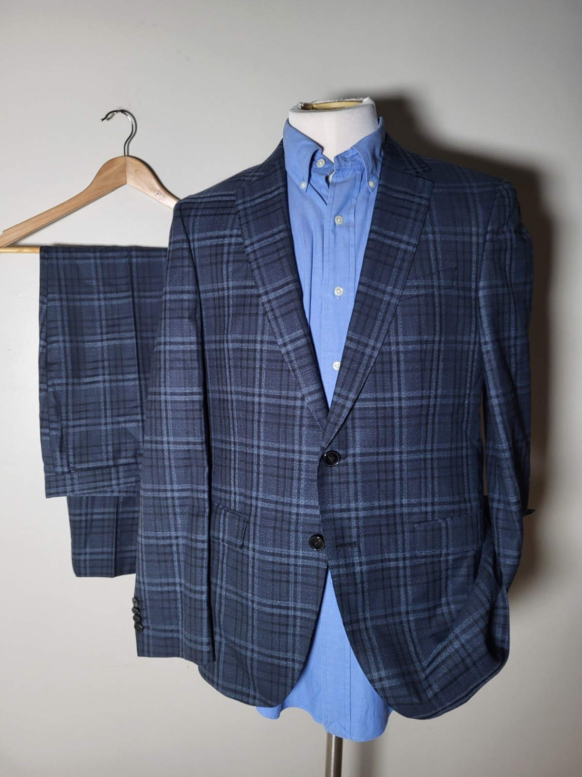 NEW Hugo Boss 40R Slim Fit Blue Black Glen plaid 2pc Suit Jacket W34 X L29 Pants