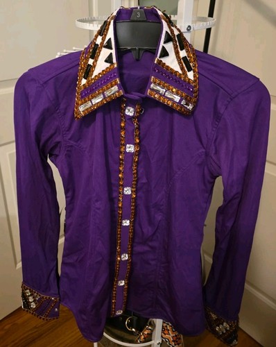 Custom Purple Western Show Shirt XS Topaz Rhinestone Collar Showmanship Rail - Afbeelding 1 van 10