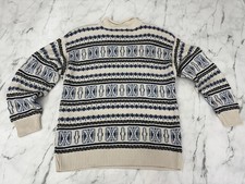 Vintage 90s French Navy Fair Isle Nordic Sweater Mens Large Blue Cream USA Made