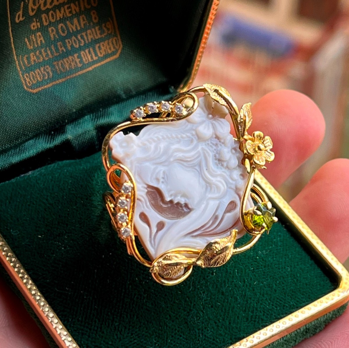 Victorian Arts Crafts Ring Antique Cameo Shell Gold Ring S 7,5 Made in  Italy