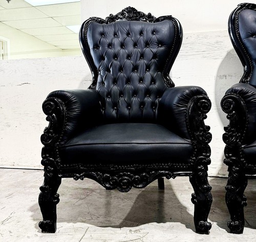 French Style Black Leather Throne Chair Midsize Tufted Chair - Picture 5 of 5