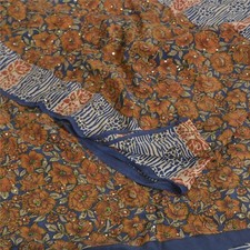 Sanskriti Vintage Saree Blue 100 Pure Crepe Silk Floral Printed Sari 5 Yd Fabric
