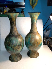 PAIR OF JAPAN METAL BLUE & BROWN 13 1/4" VASES SIGNED