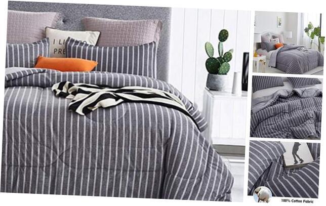 All-Season 3-Piece King Comforter Set 100% Cotton Grey Stripe 102x90-image