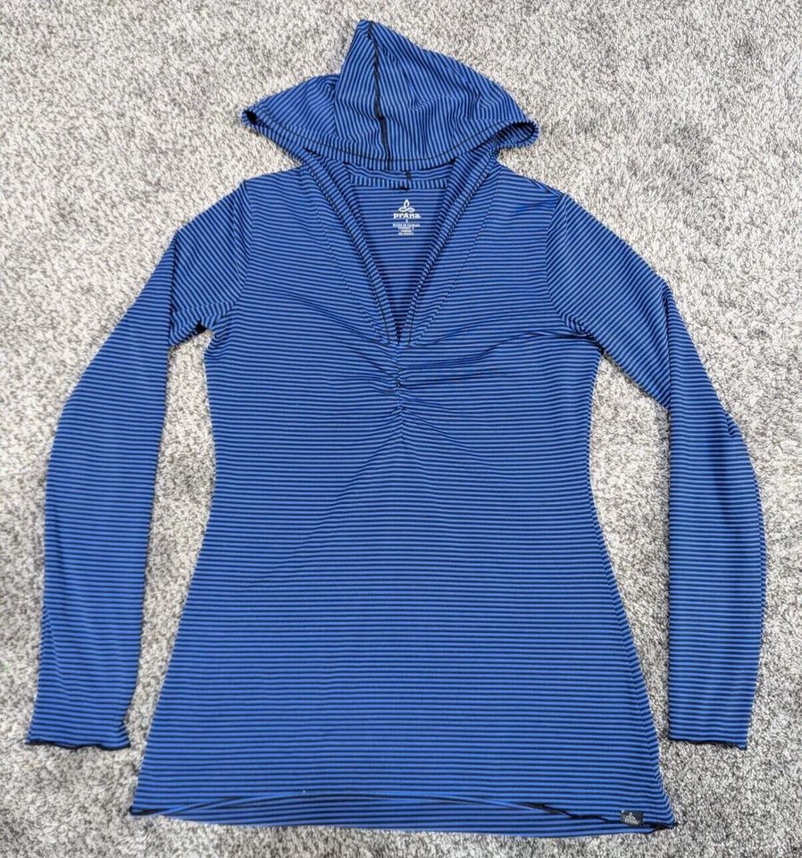 prAna Hoodie Womens Small Blue Black Striped Performance Stretch Pullover Hike Foto 2 de 4
