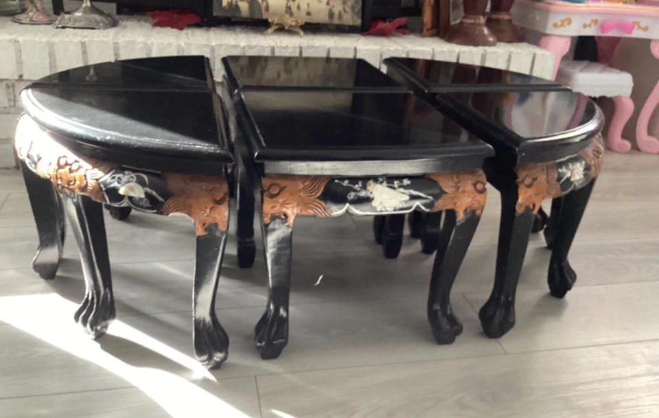 老式中国咖啡茶低桌带6把拉椅,珍珠母黑漆 — 第 4/4 张图片