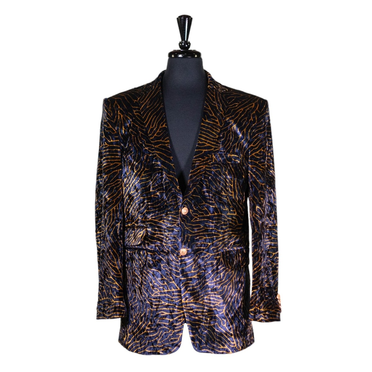Mens 46R Velvet Blazer Blue Gold Abstract Tuxedo Jacket Party Wedding Sport  Coat