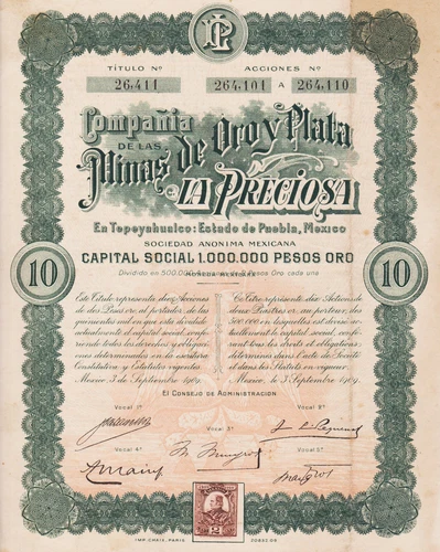 COMPANIA MINES GOLD AND SILVER LA PRECIOUS - ACTIONS 2 PIASTRES 1909 - MEXICO