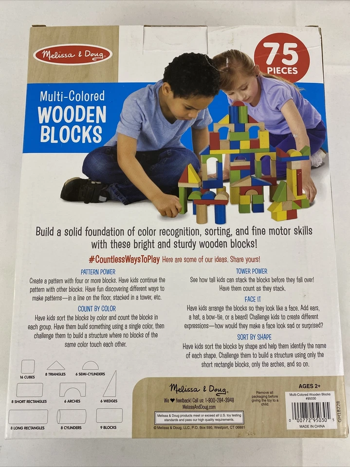 Melissa & Doug 75 Piece Multi-Colored Wooden Shapes Building Blocks Set Ages 2+ - Image 2 of 4