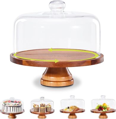 Glass Cake Stand with Lid,11in Wooden Rotating Cake Stand with Dome Cover