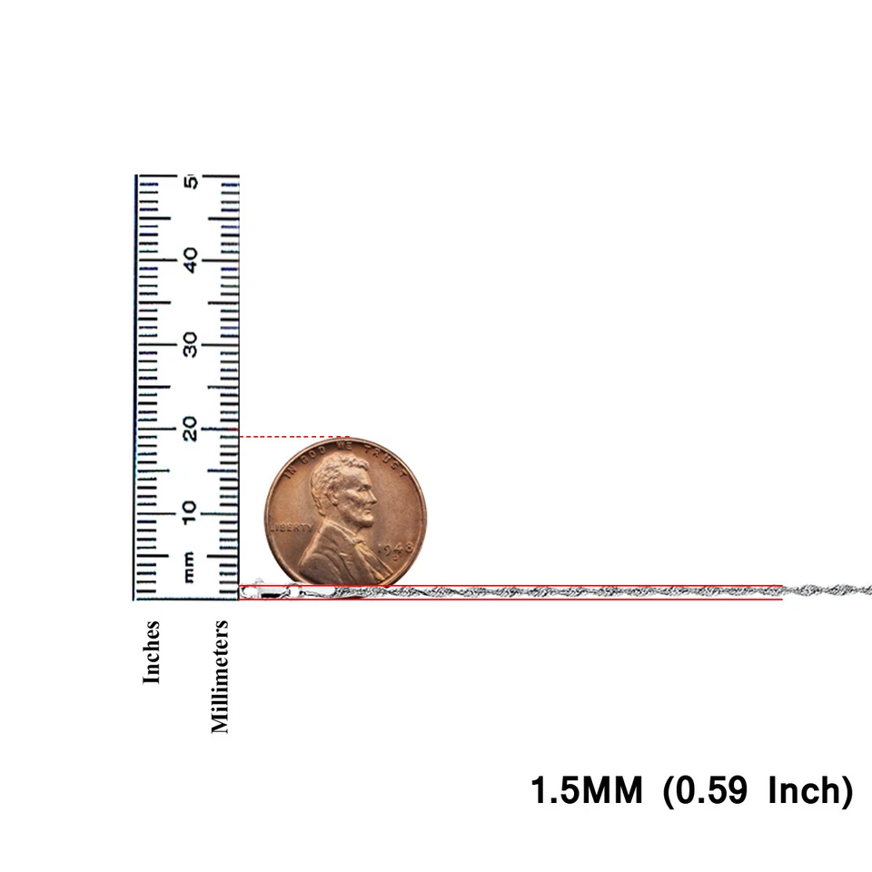 Cadena de cuerda de 1,5 mm de oro blanco real de 14K para hombre / 16"- 24"" Foto 2 de 4