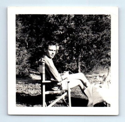 Old Vintage Square Photo SOLO MAN IN SHORTS CHAIR CAMPING IN FOREST SNAPSHOT