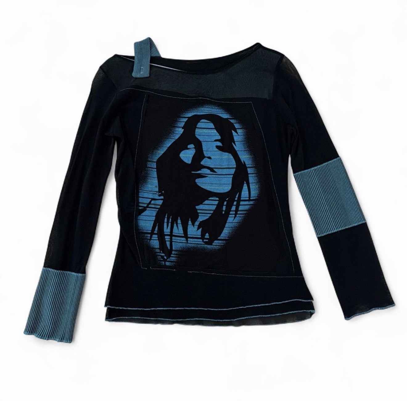 Y2K Women’s Long Sleeve Boat Neck Mesh Top with Graphic Print