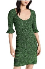 GANNI Kelly Green Ribbed Knit Scoop Neck Ruffle Sleeve Mini Dress - Size L
