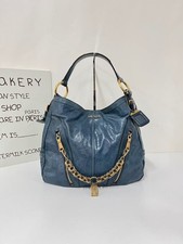 Prada Blue Waxed Leather Gold Hardware Hobo Shoulder Tote Bag AUTH