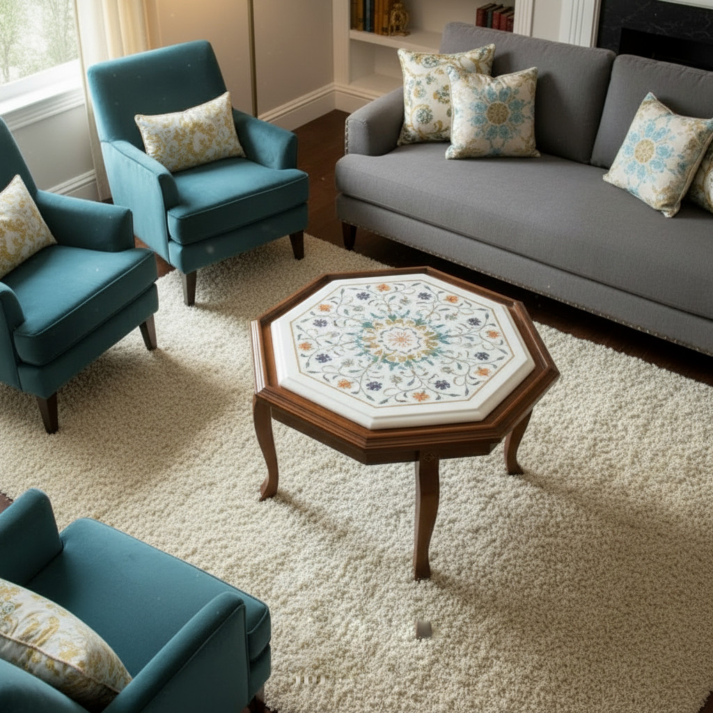 Luxury White Marble Coffee Table Semi Precious Inlay Stone Art Handmade Decor