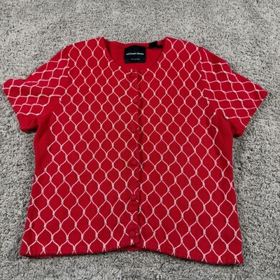 Michael Simon Womens Large Red Knit Cardigan Pearl Beads Web Knitting 