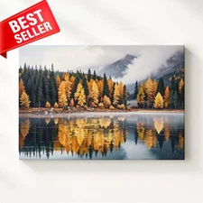 Lake Foggy Forest Serene Canvas Mountain Reflection Gold Burnt Orange Wall Art