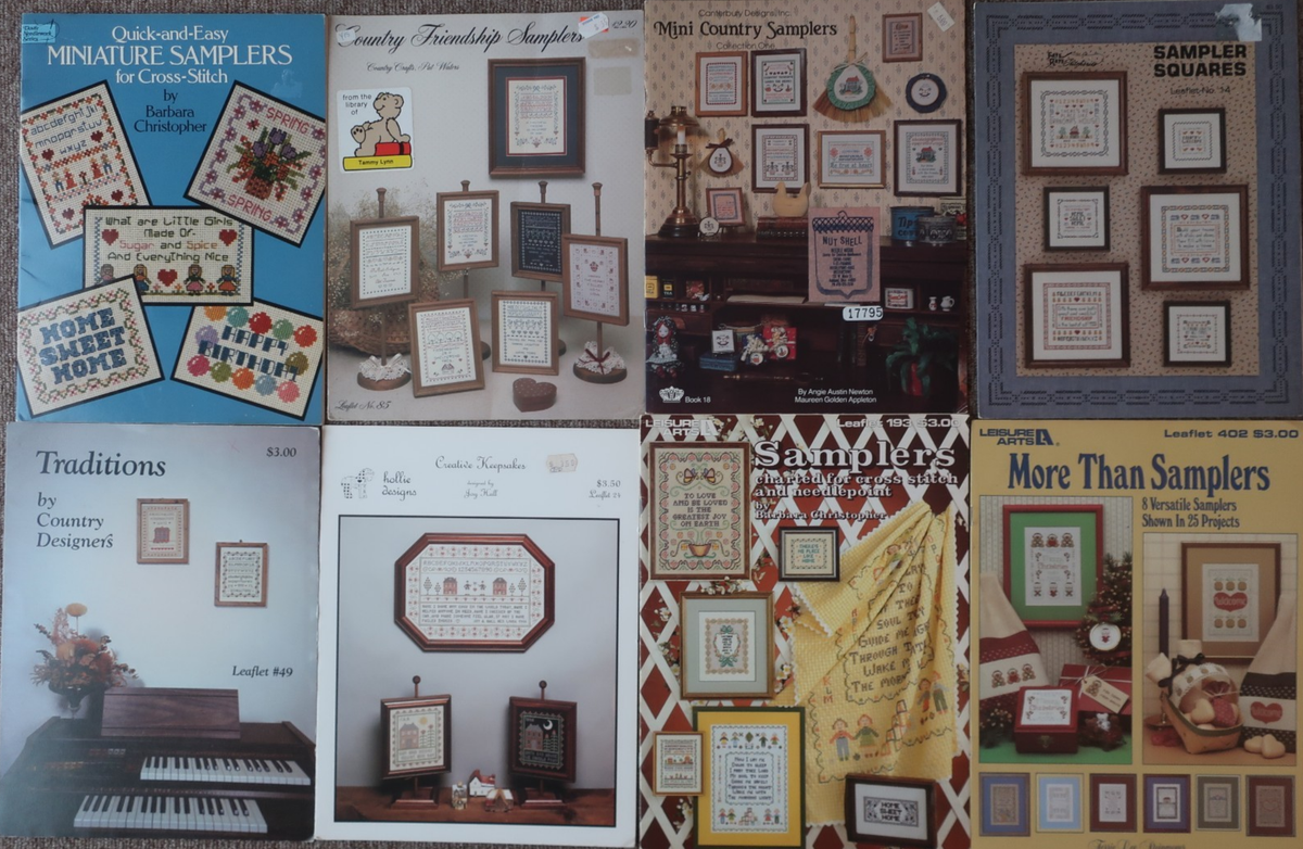 Vintage Lot of 8 mini sampler leaflets; Leisure Arts, Hollie