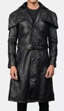 Men's Black Real Leather Trench Coat | Full-Length Duster Overcoat Belted Vegas
