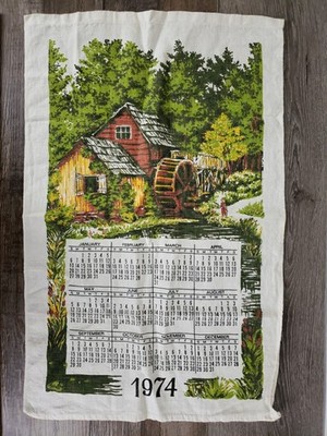 Vintage 1974 Linen Calendar Tea Towel Watermill Barn Forest Lake