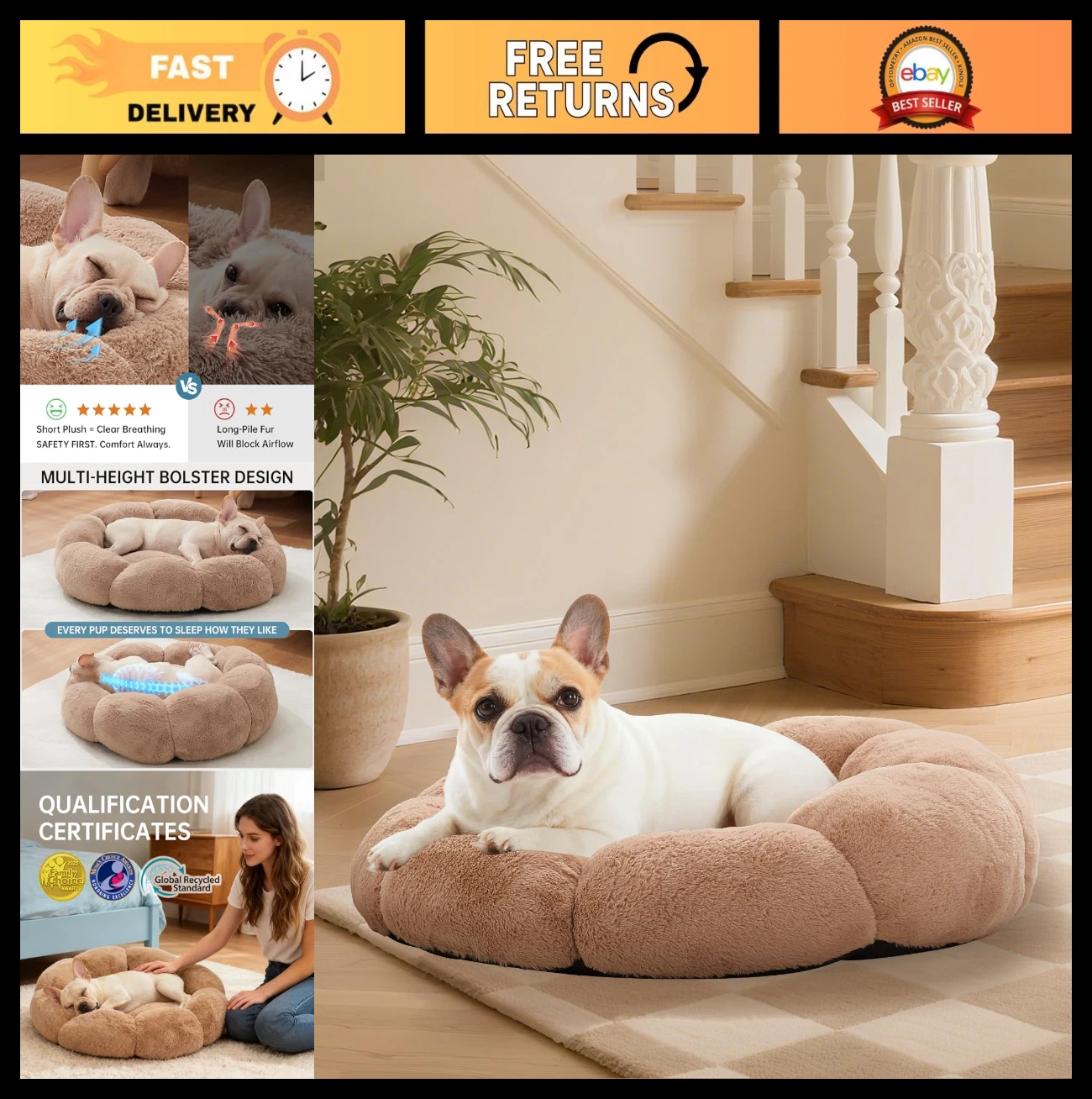 Calming Donut Dog & Cat Bed 27" - Fluffy, Warm, Machine Washable, Cute Round Pet