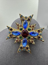 Amazing Vintage Byzantine Mogul Maltese Cross Pin Glass Emerald Ruby 2.5?