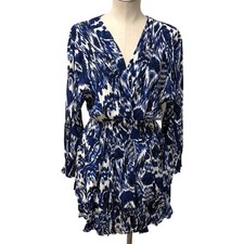 Zara Mini Dress Womens L Large Blue White Abstract Ikat Smocked Ruffle V-Neck