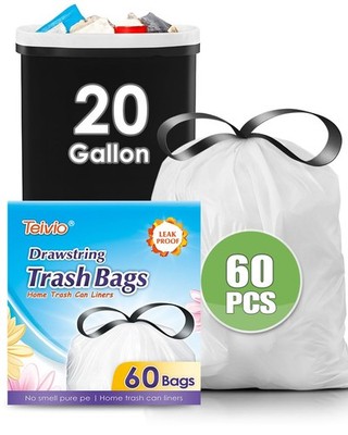 20 Gallon 60 Counts (fit 18-20 Gal) Large Drawstring Trash Bags Strong Tall K...