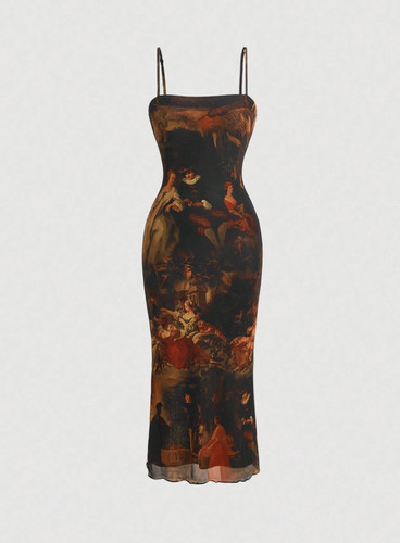 Women's Vintage Renaissance Print Mesh Bodycon Midi Dress Spaghetti Strap Gothic