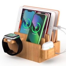 Bamboo Charging Station Organizer for Multiple Devices, Dock Stand Cables