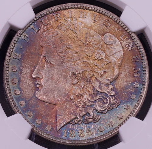 1886 $1 Morgan Silver Dollar NGC MS64 Full Toning Red Blue Purple Gold Coin