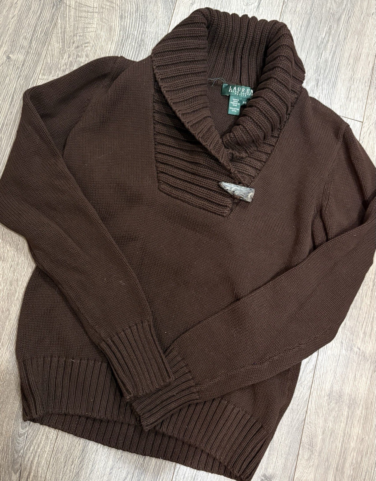 Lauren Ralph Lauren Women’s Toggle Sweater Brown Shawl Collar Size Petite Small
