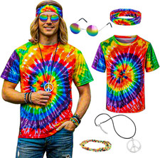 Hippie Costume for Men Momen 60S 70S Colorful T-Shirt 5 PCS Accessories Set for