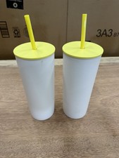 Set of 2 White Plastic Cups with Yellow Lids and Straws, Solid Color