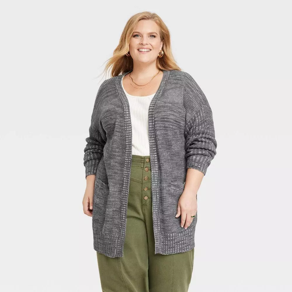 Women s Plus Size Marled Open Front Cardigan Knox Rose Steel Gray 1X eBay