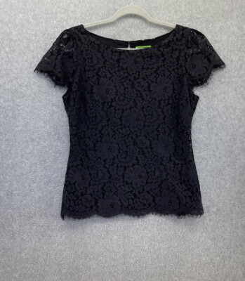 C Wonder Women's Blouse Solid Black Lace Overlay Short Sleeve Lined Size 10