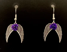 Silver coloured dangle earrings, Angel Wings with purple rose, Retro