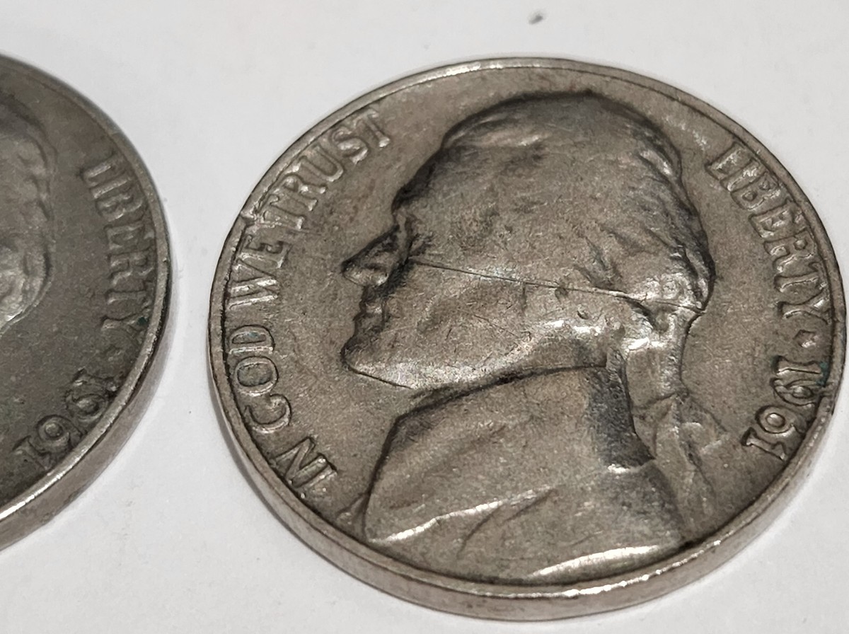 Lot (2) BOTH 1961 D & No Mint Mark USA NICKELS 5 CENT US COINS