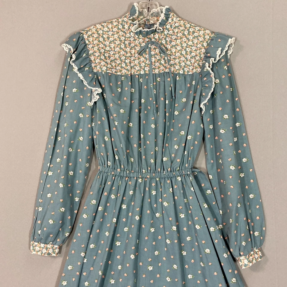 Vestido Pradera Encaje Floral Vintage NOS 70s Sears JR BAZAAR L/S Volantes Verde Talla 9 Foto 4 de 4