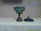 Indiana  Harvest Grape Carnival Glass Iridescent Blue Covered Compote Candy Dish — photo 2