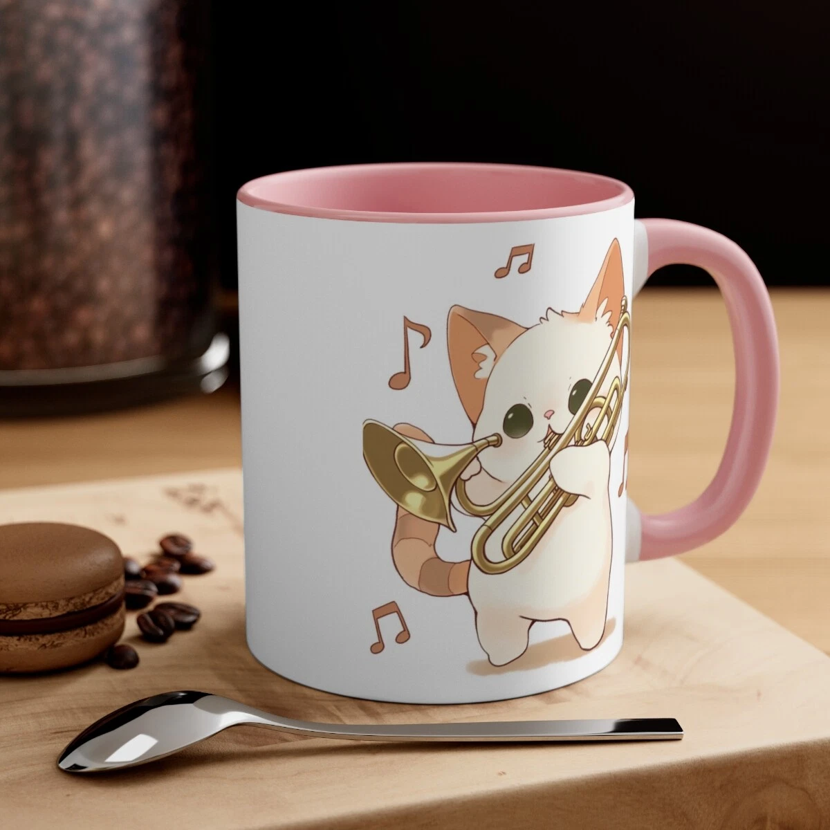 Colorful Accent Coffee Mug 11oz Cute White Cat Trombone Brass Instrument Anime