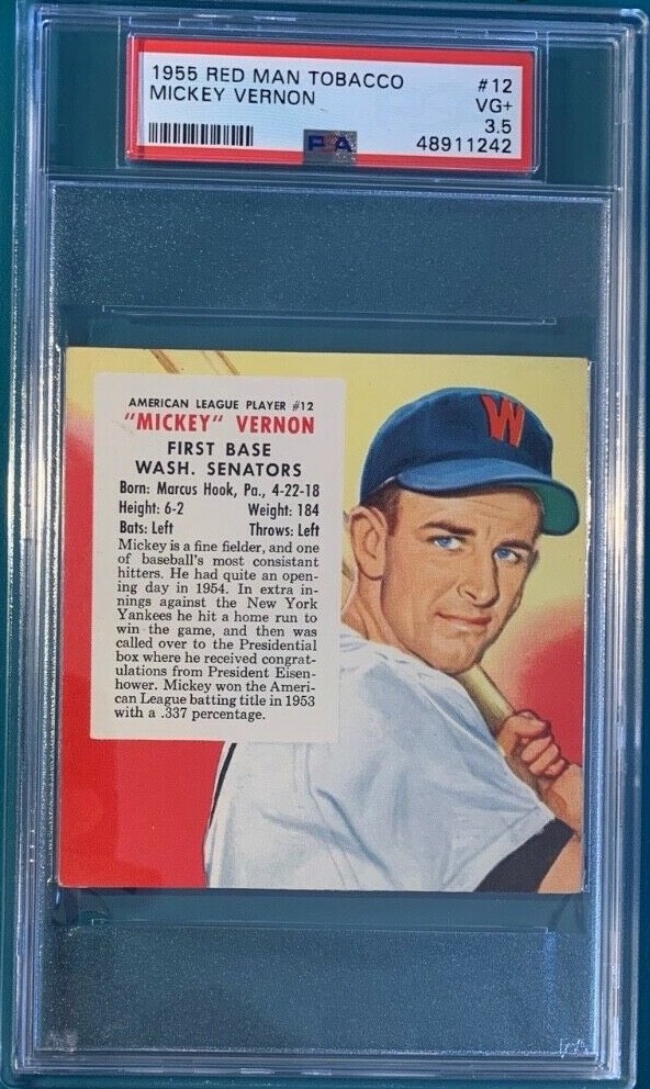vernon tobacco 1955 Red Man Tobacco Baseball #12 Mickey Vernon No Tab PSA 3.5