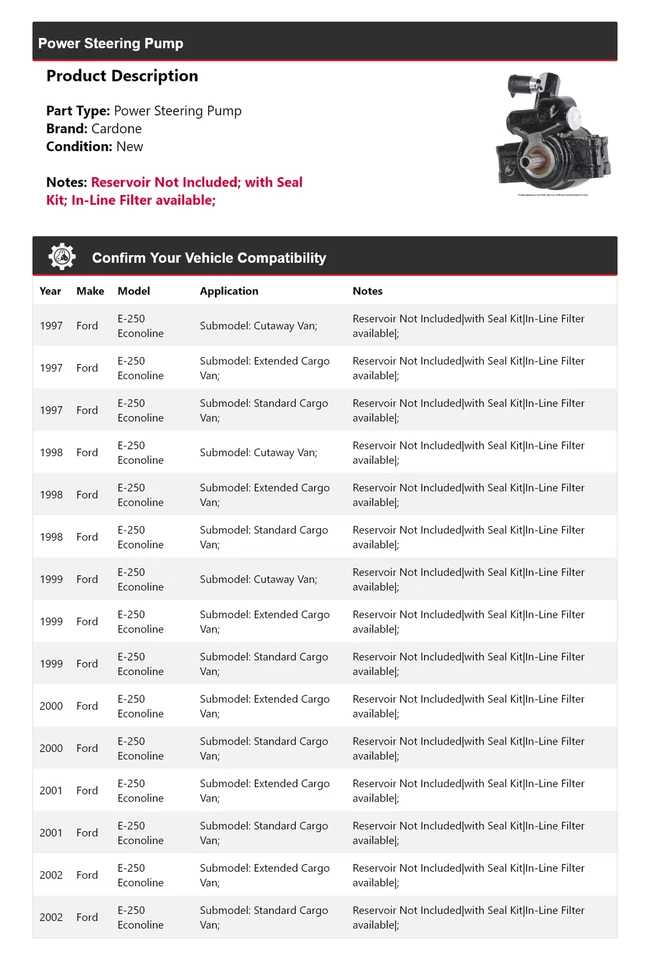Bomba de dirección asistida Cardone 1998 1999 2000 para Ford E-250 Econoline 1997-2002 Foto 2 de 4