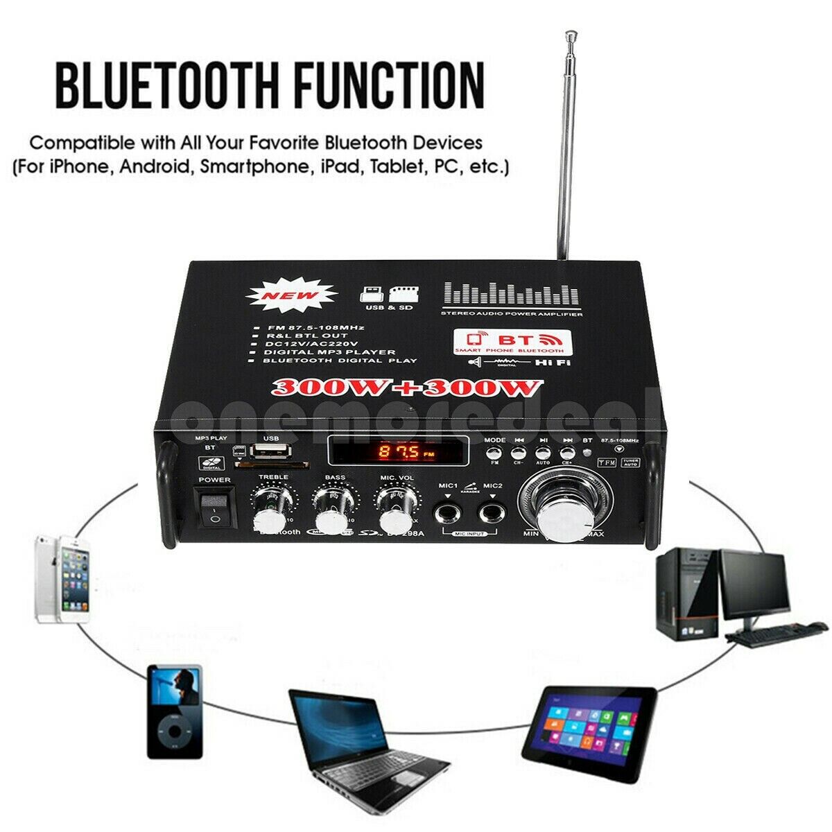 600W Speaker Amplifier HiFi Mini Amp 2CH FM Radio LCD Home Car 298A  Bluetooth ts