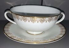Royal Doulton Gold Lace 2 Handled Soup Cup and Stand